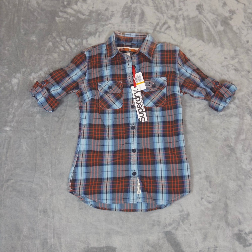 Superdry Plaid Button Down Shirt Womens Small Blue Orange Roll Tab Battery Blue
